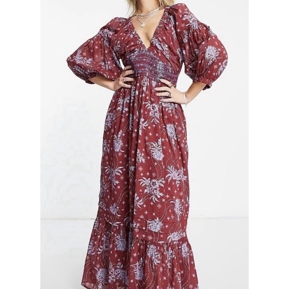Free People Dresses & Skirts - Free People Golden Hour Maxi Dress Lg Dark Wine Red Floral Boho Hippie V-neck
